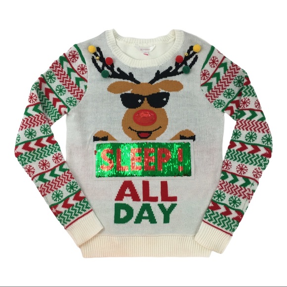 No Boundaries Sleep All Day Sparkle Sequin Reindeer Ugly Christmas Sweater M